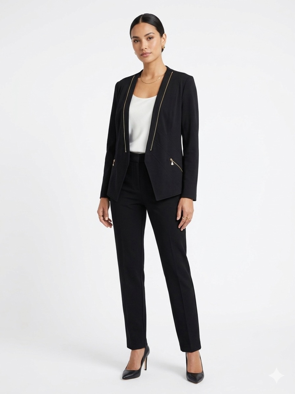 Vex Collection Asymmetric Knit Blazer Navy Blue Gold Trim Sz 44 Large